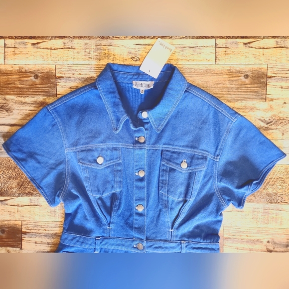 NEW Peach Love California Utility Blue Denim Jean Romper Jumpsuit Shorts Pockets - Picture 3 of 16